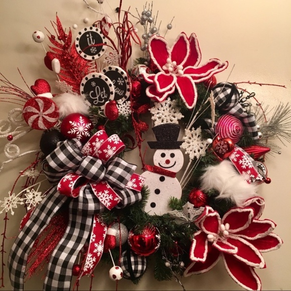 New Floral Designer Black Plaid Red White Poinsettia Snowman Christmas Wreath